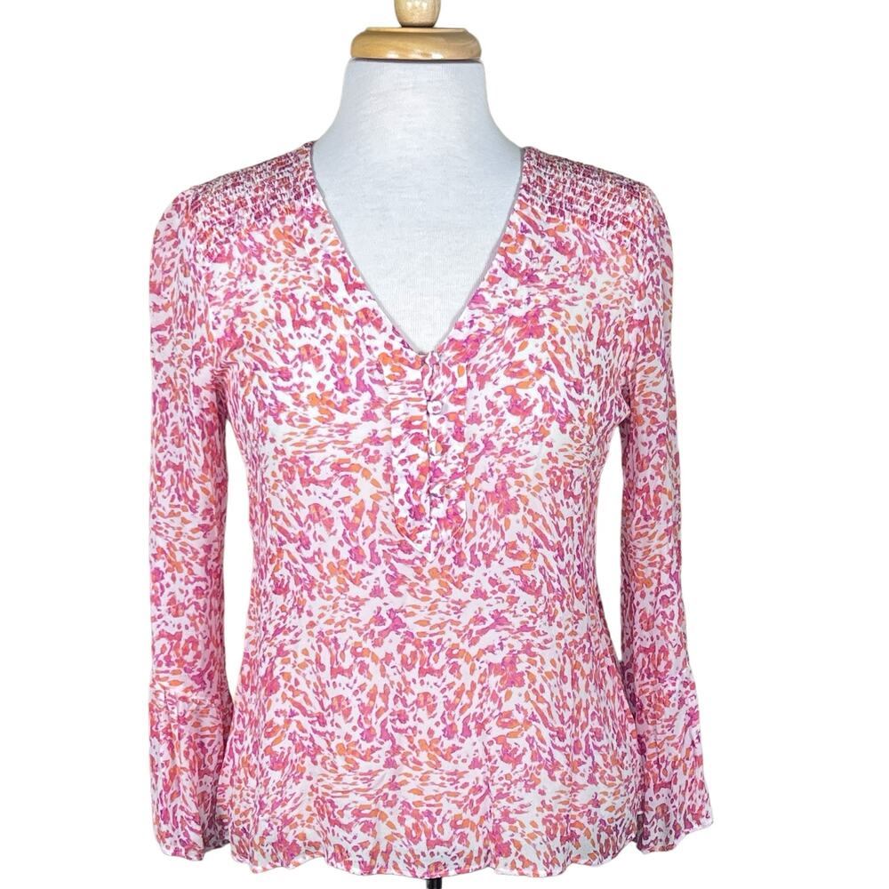 Hale Bob Women’s Orange & Pink Silk Blouse with Smocking & Bell Sleeves M EUC